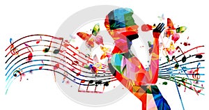 Male singer singing to microphone in intense colors. Performer with musical notes isolated. Vector illustration for live performan