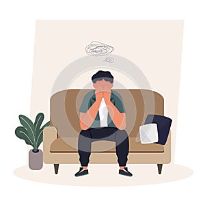 Male sitting on chair overthinking, stressful, worried, headache, suffering, confused concept. Unemployment. Vector illustration.