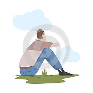 Male Sitting on Grass and Looking Ahead as into Bright Future Vector Illustration