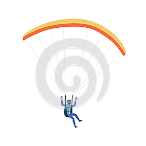 Male skydiver flying with parachute vector flat illustration. Extreme man enjoying parachuting sport and leisure