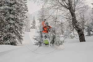 Male snowboarder jumping between trees in the mountain resort