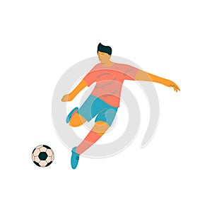 Male Soccer Player Kicking Ball, Footballer Character in Sports Uniform Vector Illustration