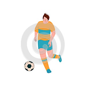 Male Soccer Player Playing Soccer, Footballer Character in Sports Uniform Vector Illustration