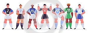 Male soccer team. Football players stand in row, football professional sportsmen characters goalkeeper, striker