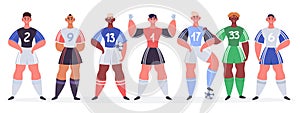 Male soccer team. Football players stand in row, football professional sportsmen characters goalkeeper, striker photo