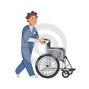 Male social worker or nurse pushing empty wheelchair. Nursing home. Senior people flat Vector illustration.