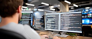 A male software developer works on a computer in a dark office using multiple monitors to display code and technical details