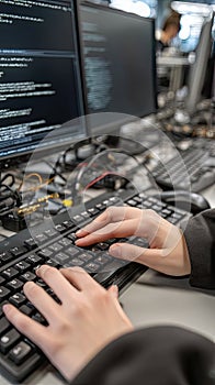 A male software developer works on a computer in a dark office using multiple monitors to display code and technical details