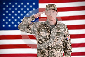 Male soldier and American flag. Military service
