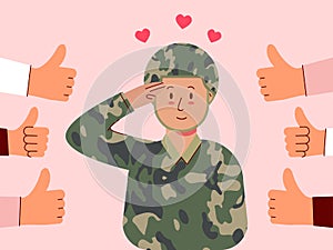 Male soldiers salute and feel good to be appreciated.