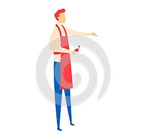 Male sommelier holding wine glass, wearing apron and beret. Wine expert evaluating beverage, restaurant theme vector