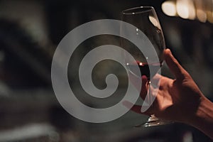 Male sommelier pouring holding wine in long-stemmed wineglasses.