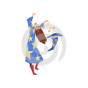 Male Sorcerer Practicing Wizardry, Bearded Wizard Character Wearing Blue Mantle with Stars and Pointed Hat Vector
