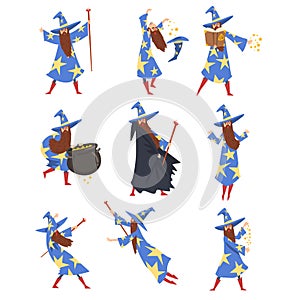 Male Sorcerer Practicing Wizardry Set, Wizard Character Wearing Blue Mantle with Stars and Pointed Hat Vector photo