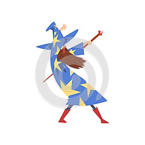 Male Sorcerer Practicing Wizardry with Staff, Bearded Wizard Character Wearing Blue Mantle with Stars and Pointed Hat photo