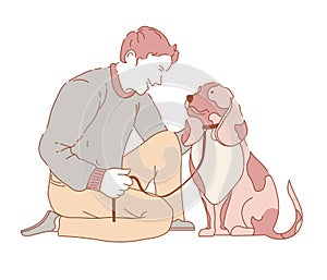 Male spending time with dog canine wearing collar