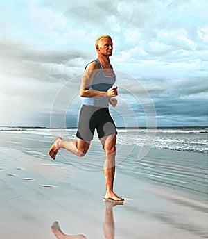 Male Sport Runner Jogging on Beach