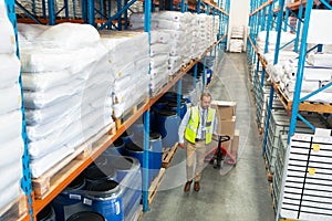 Male staff carrying boxes on pallet jack in warehouse