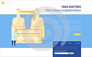 Male Staff Character in Uniform View Milk Pasteurization Process Landing Page. Cheese Food Production Industry Concept