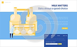 Male Staff Character in Uniform View Milk Pasteurization Process Landing Page. Cheese Food Production Industry Concept photo