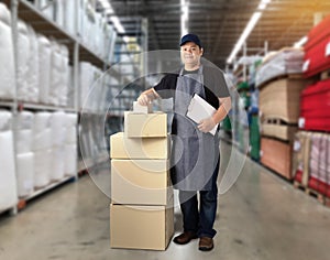 Male staff Delivering products Sign the signature on the product receipt form with parcel boxes