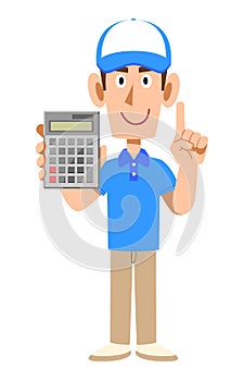 A male staff member wearing a short-sleeved polo shirt with a calculator and a hat