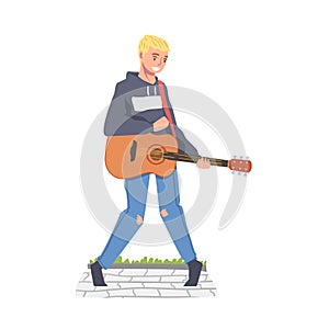 Male Street Guitarist Playing Acoustic Guitar, Live Performance Concept Cartoon Style Vector Illustration