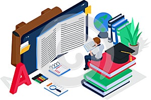 Male student accessing online books on smartphone screen, isometric e-learning illustration concept. Male with cell phone device,