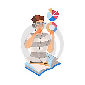 Male Student Character with Headphones Holding Chart Learning Vector Illustration