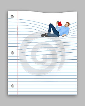 A male student relaxes and reclines on a page of notebook paper