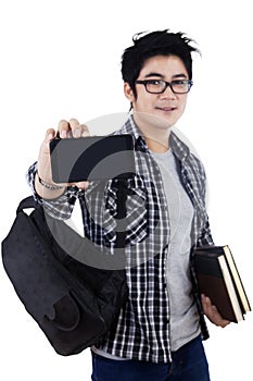 Male student showing mobilephone