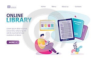 Male student sitting at chair and reading e-book or tablet pc. Online library or bookstore landing page template