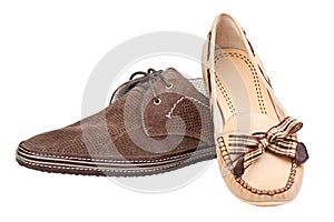 Male suede shoe and female loafer, with path photo