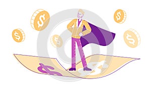 Male Superhero Character in Cloak, Super Employee with Arms Akimbo Flying on Money Carpet in Sky. Finance Advisor