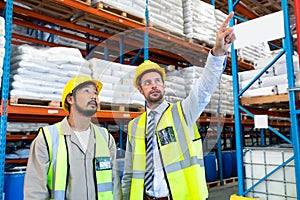 Male supervisor standing with worker and pointing at distance in warehouse