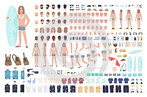 Male surfer or man on vacation creation set or DIY kit. Bundle of body parts, summer clothes, travel equipment isolated