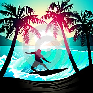 Male surfing at sunrise at a tropical beach