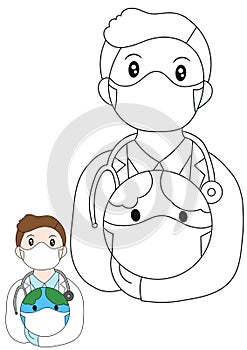 male Surgeon doctor wearing mask gloves with stethoscope holding planet earth cartoon image colouring page Coloring book