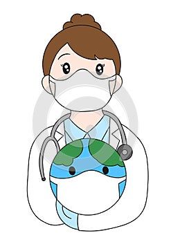 Female Surgeon doctor wearing mask gloves with stethoscope holding planet earth cartoon image colouring page Coloring book