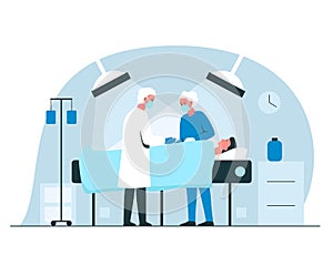 Male surgeon and nurse performing an operation in surgery room in a hospital. Vector concept illustration of a man under the