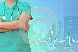 Male surgeon with stethoscope in blue ecg line on medical background. Health care banner