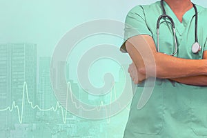 Male surgeon with stethoscope on green city background. Health care banner