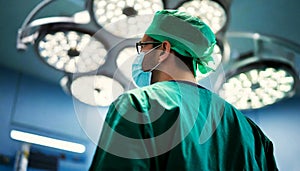 Male Surgeon Wearing Surgical Mask on in Operating Room at Hospital - Generative Ai