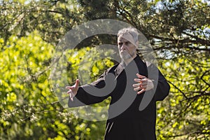 A male tai Chi master practices qigong in nature in a Park