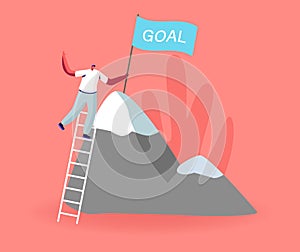 Male Take New Height. Business Man Climbing on High Mountain. Businessman Stand on Ladder, Set Up Goal Flag on Rock Peak