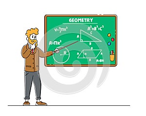 Male Teacher Character with Pointer Explain Geometry Lesson Stand at Blackboard with Formulas and Tasks