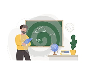 Male teacher in classroom. Pedagogue at lecture at chalkboard. School and college concept. Vector illustration in flat