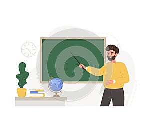 Male teacher in classroom. Pedagogue with pointer at chalkboard. School and college concept. Vector illustration in flat