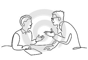 Male teacher explaining a task to a boy student. One line drawing photo