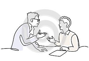 Male teacher explaining a task to a boy student. One line drawing photo